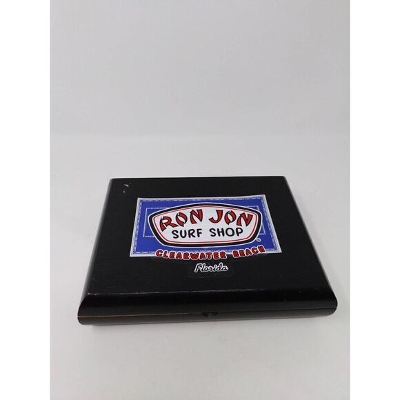 Black Wooden Cigarbox With Ron Jon Surf Shop Sticker Metal Hinges and Gold Label - Picture 1 of 7